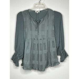 Umgee Dusty Mint Chenille Split Neck Tie Front Long Sleeve Blouse Women's Medium